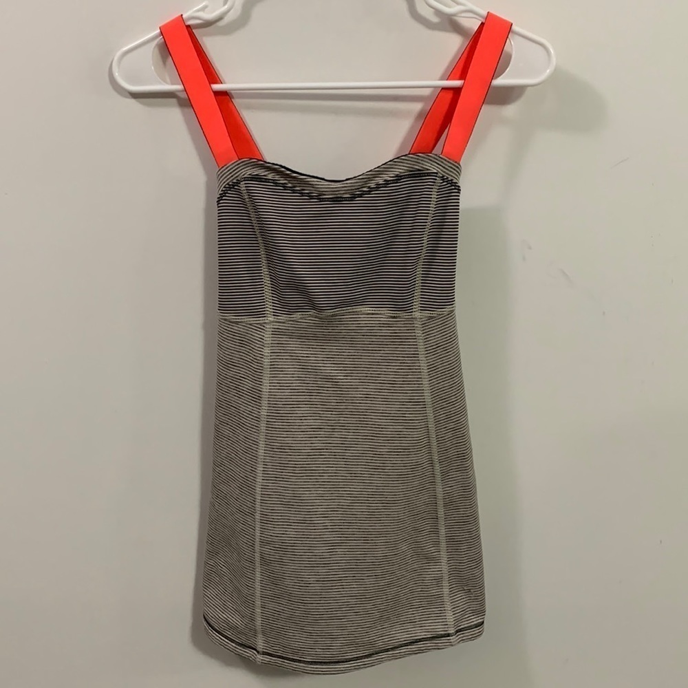 Lululemon gray striped tank orange straps built in bra no tags size est Small